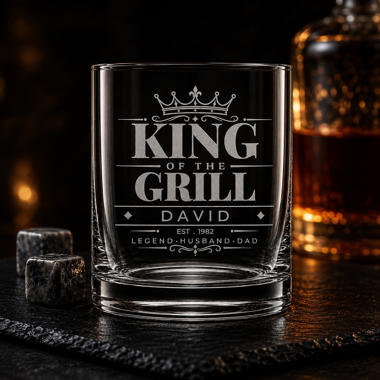Personalised King of the Grill engraved glass on dark slate with premium vintage styling