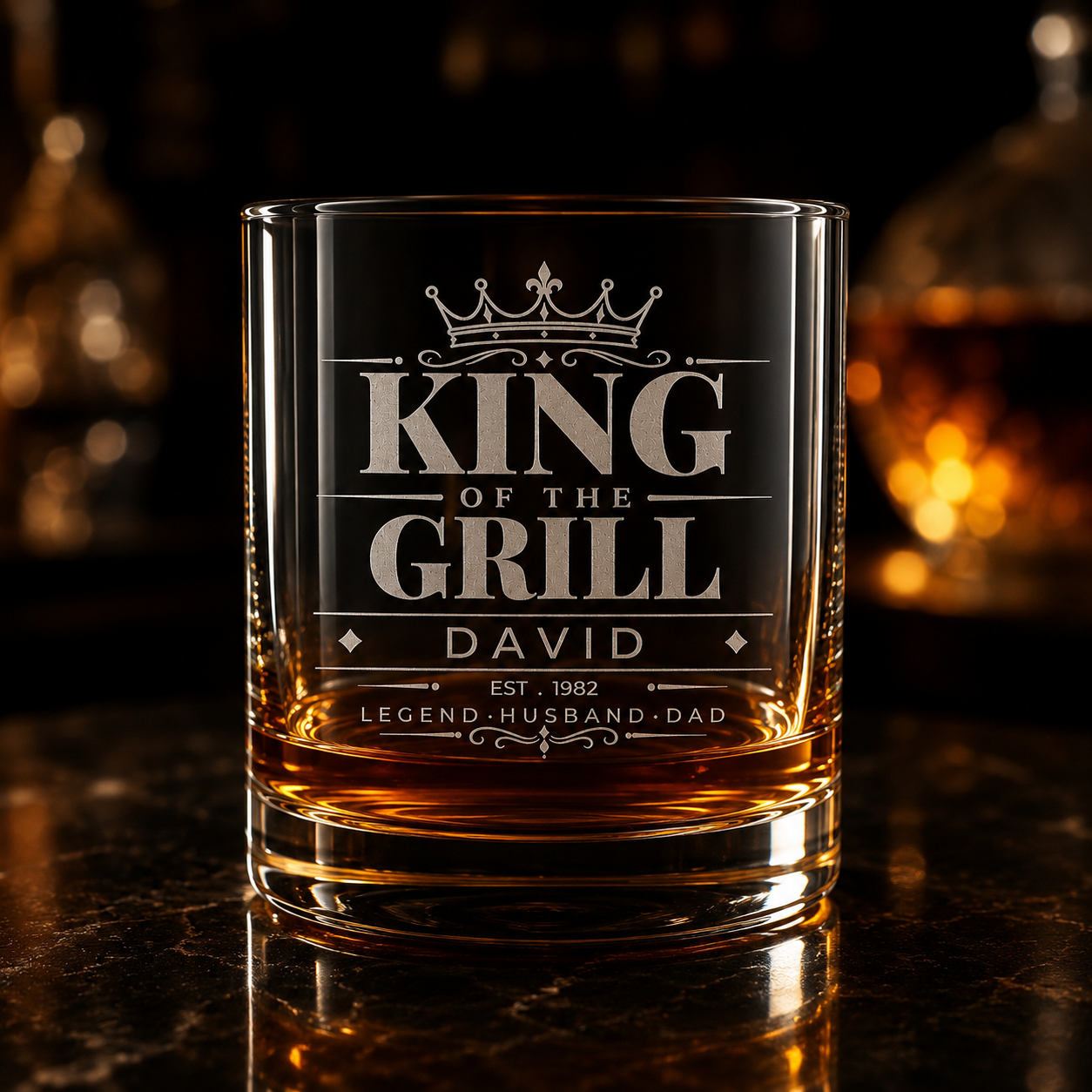 Personalised King of the Grill engraved glass with warm premium background
