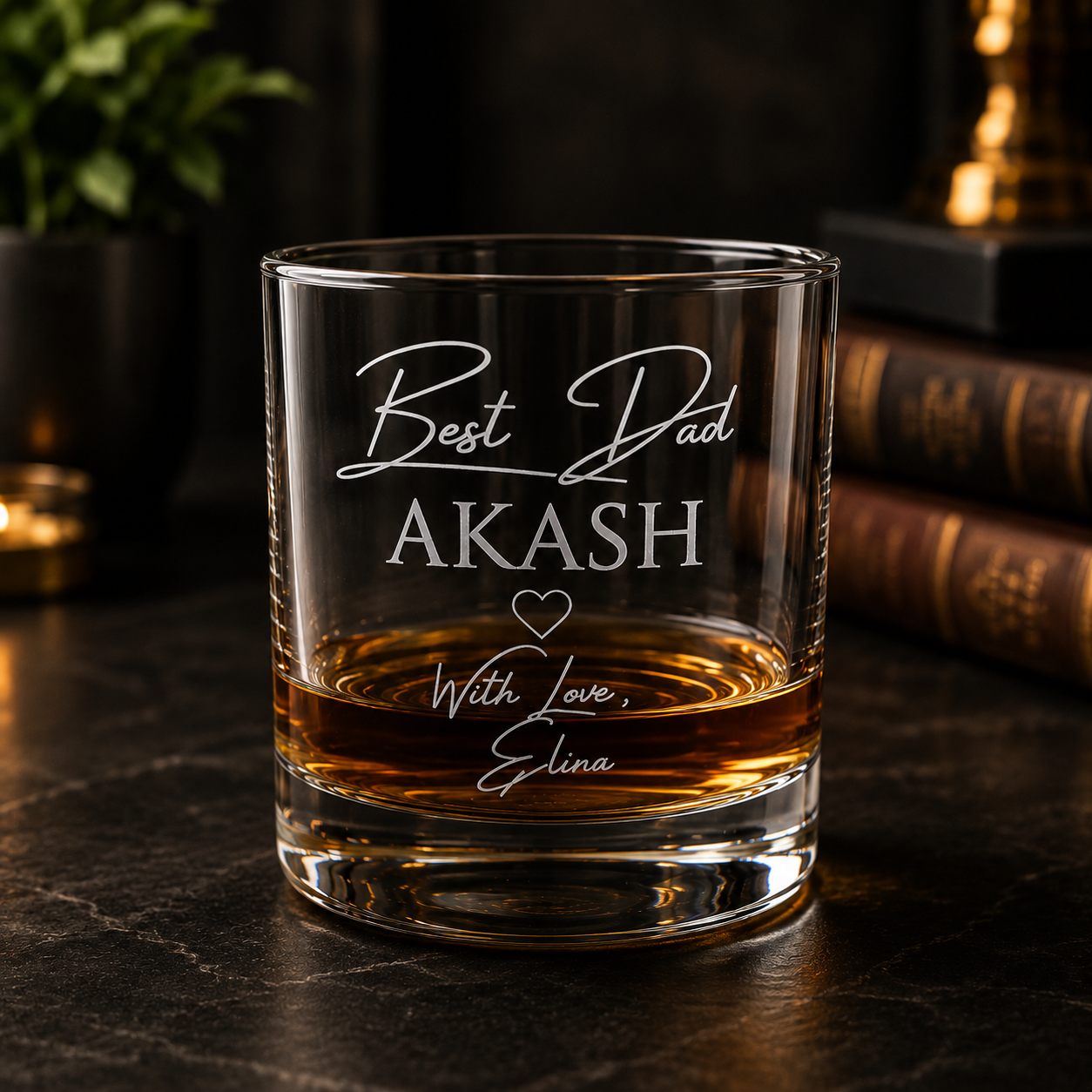 Personalised Best Dad glass with drink on luxury dark background