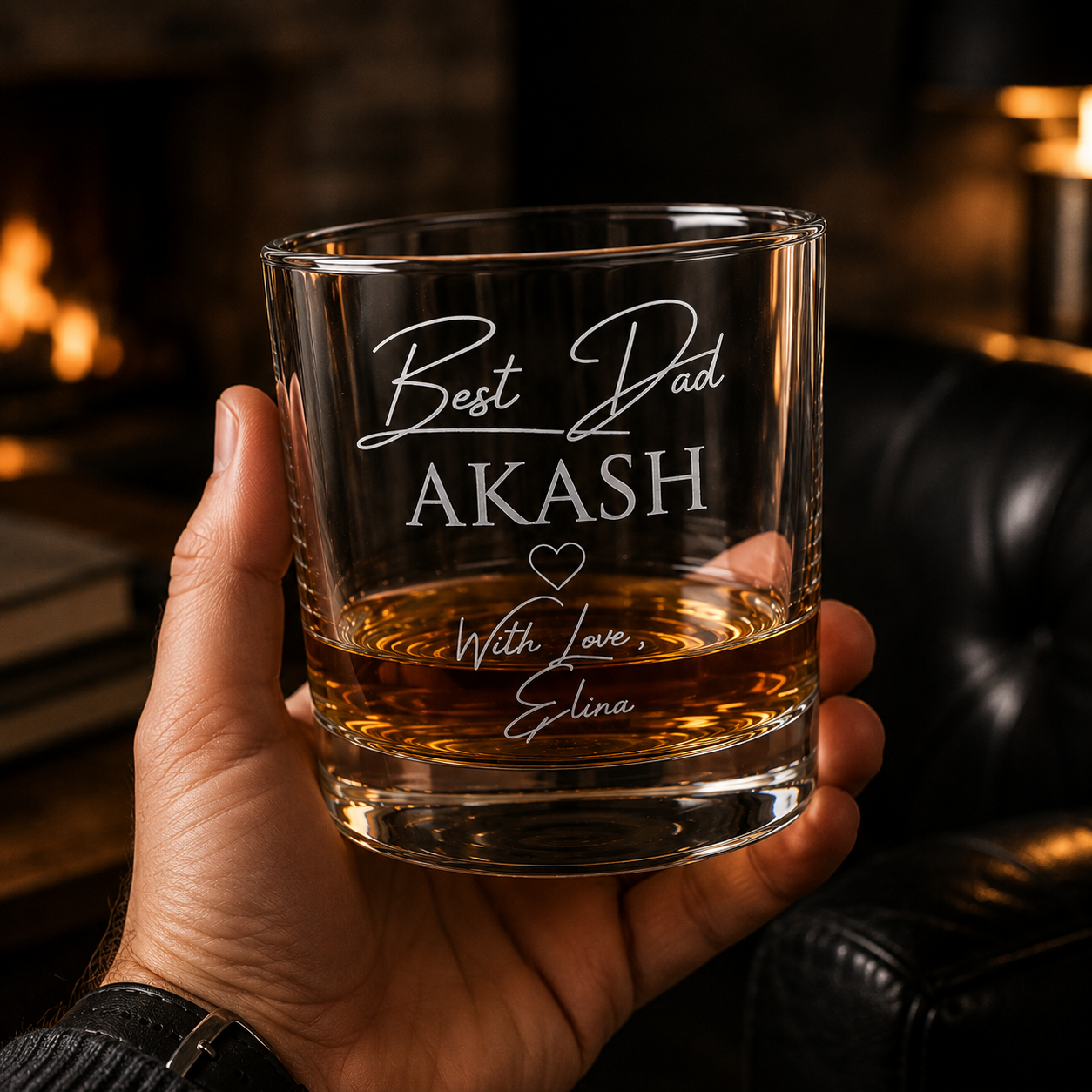 Personalised Best Dad glass held in hand lifestyle image
