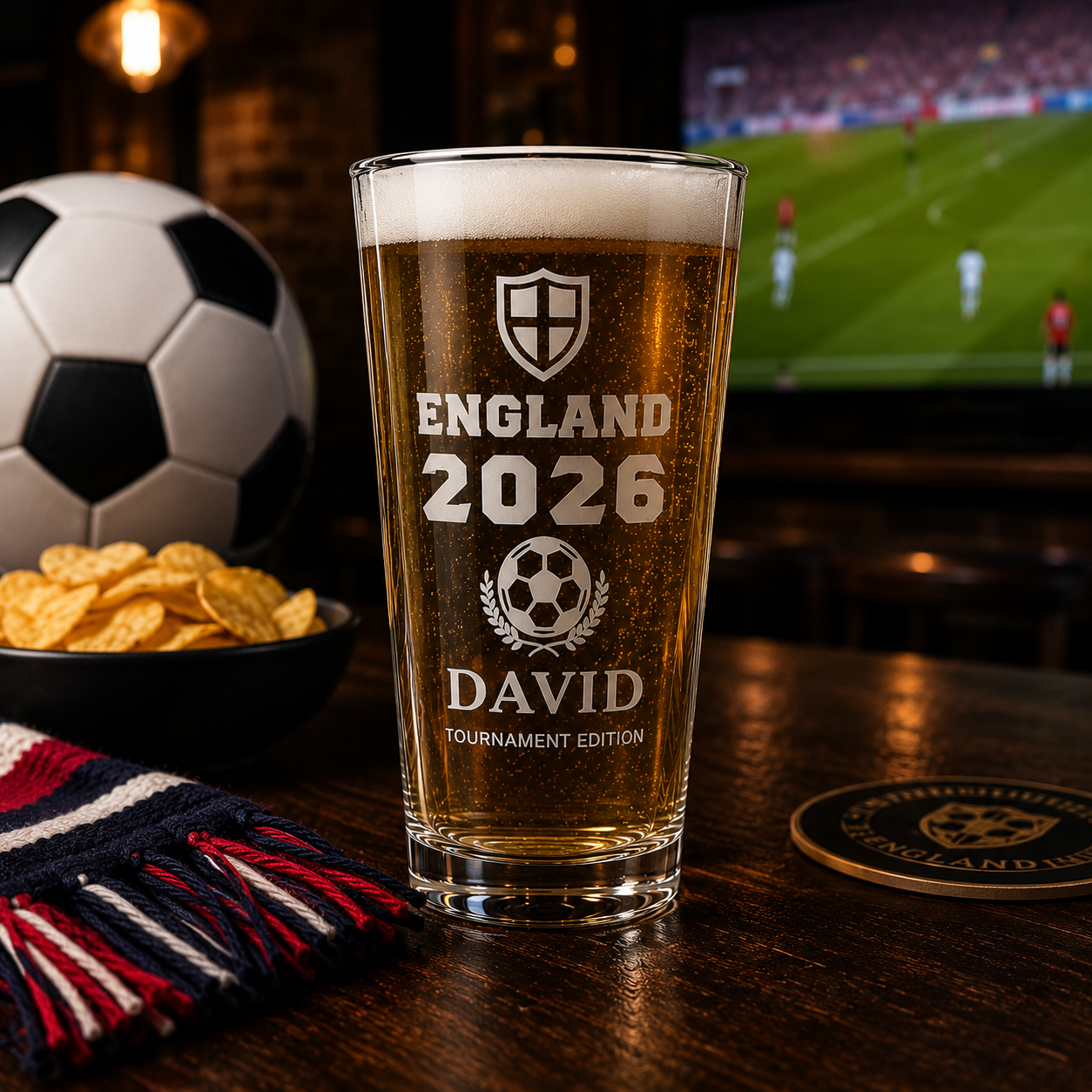 Personalised England 2026 football pint glass filled with beer in pub setting