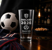Personalised England 2026 football pint glass with David tournament edition engraving