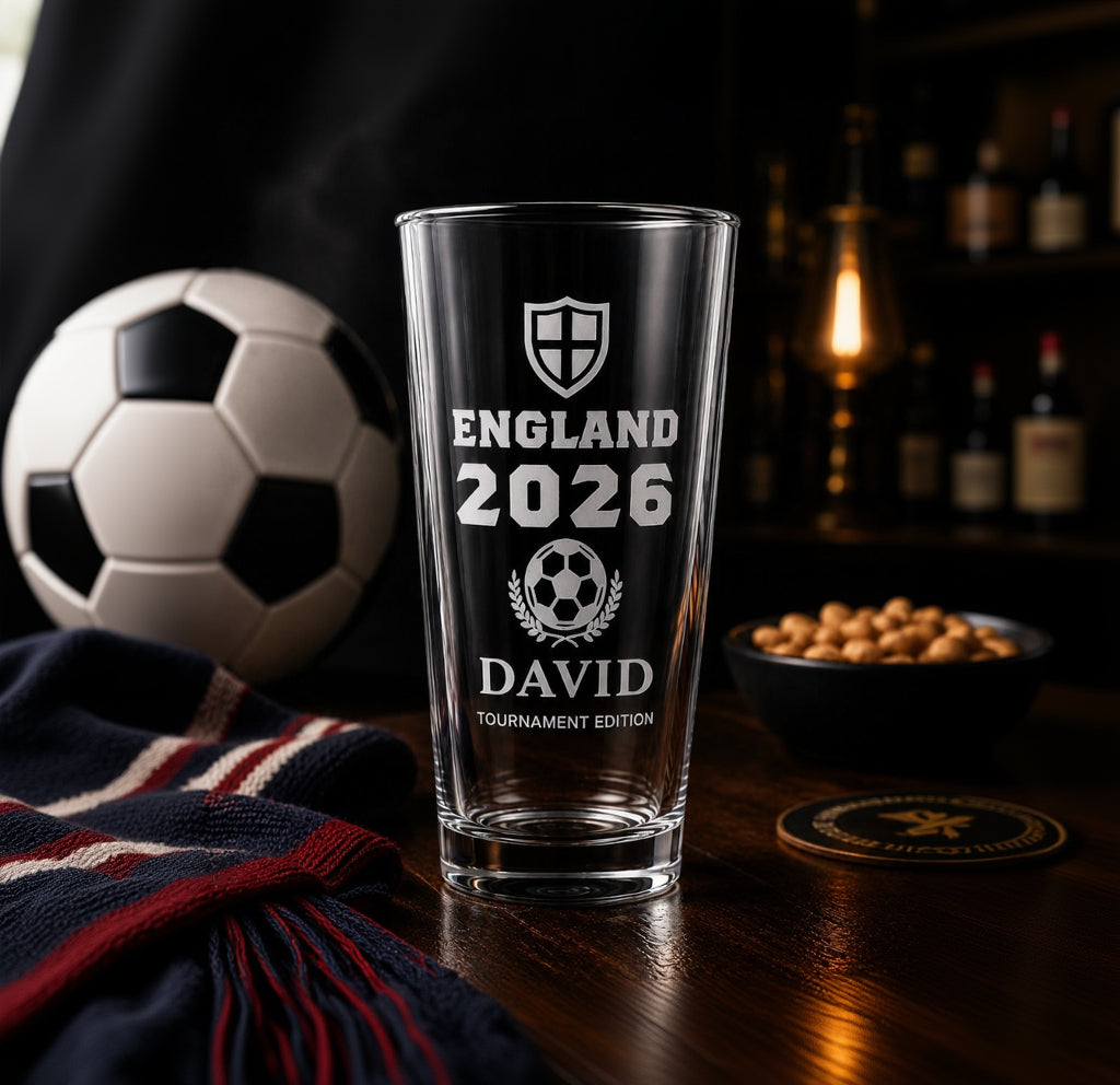 Personalised England 2026 football pint glass with David tournament edition engraving