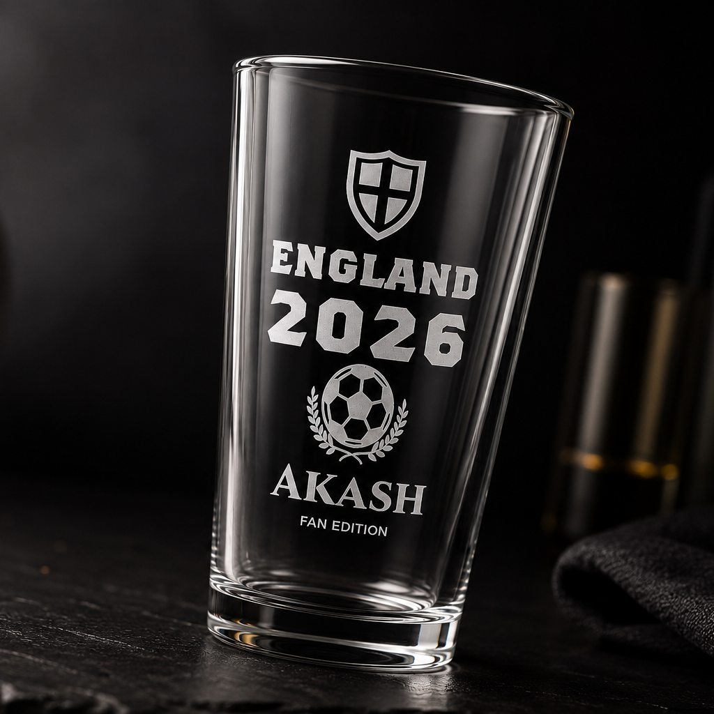 Close up of personalised England 2026 football pint glass engraving