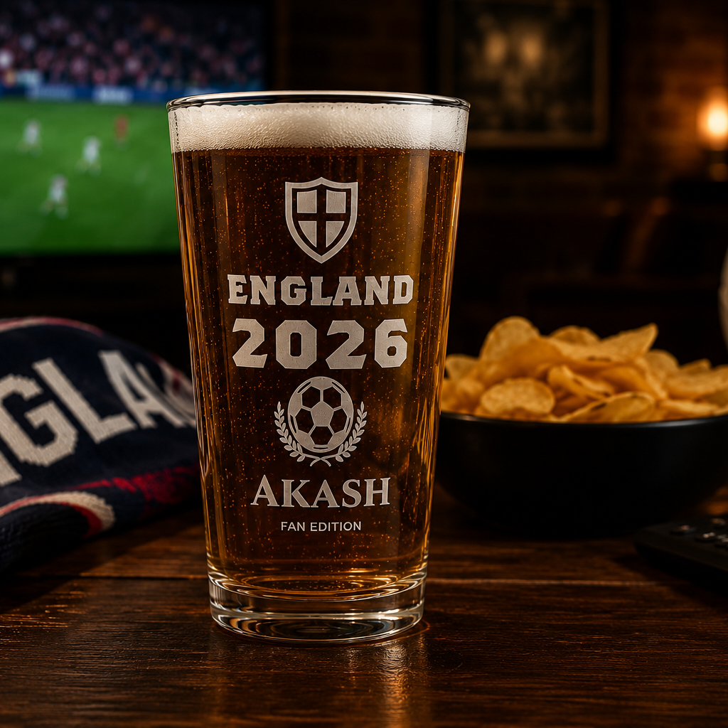 Personalised England 2026 football pint glass in match day pub scene