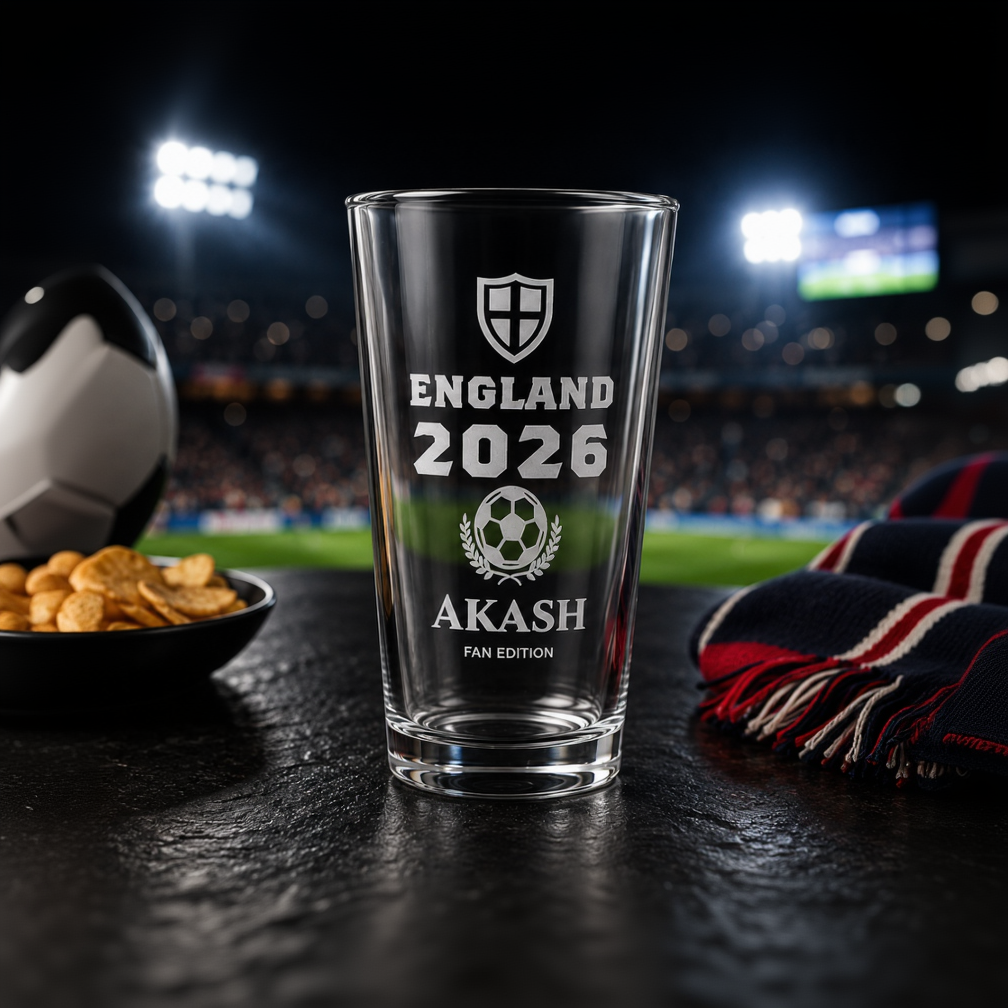 Personalised England 2026 football pint glass with stadium lights background
