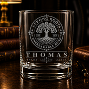 Personalised family tree engraved glass with surname year and family motto