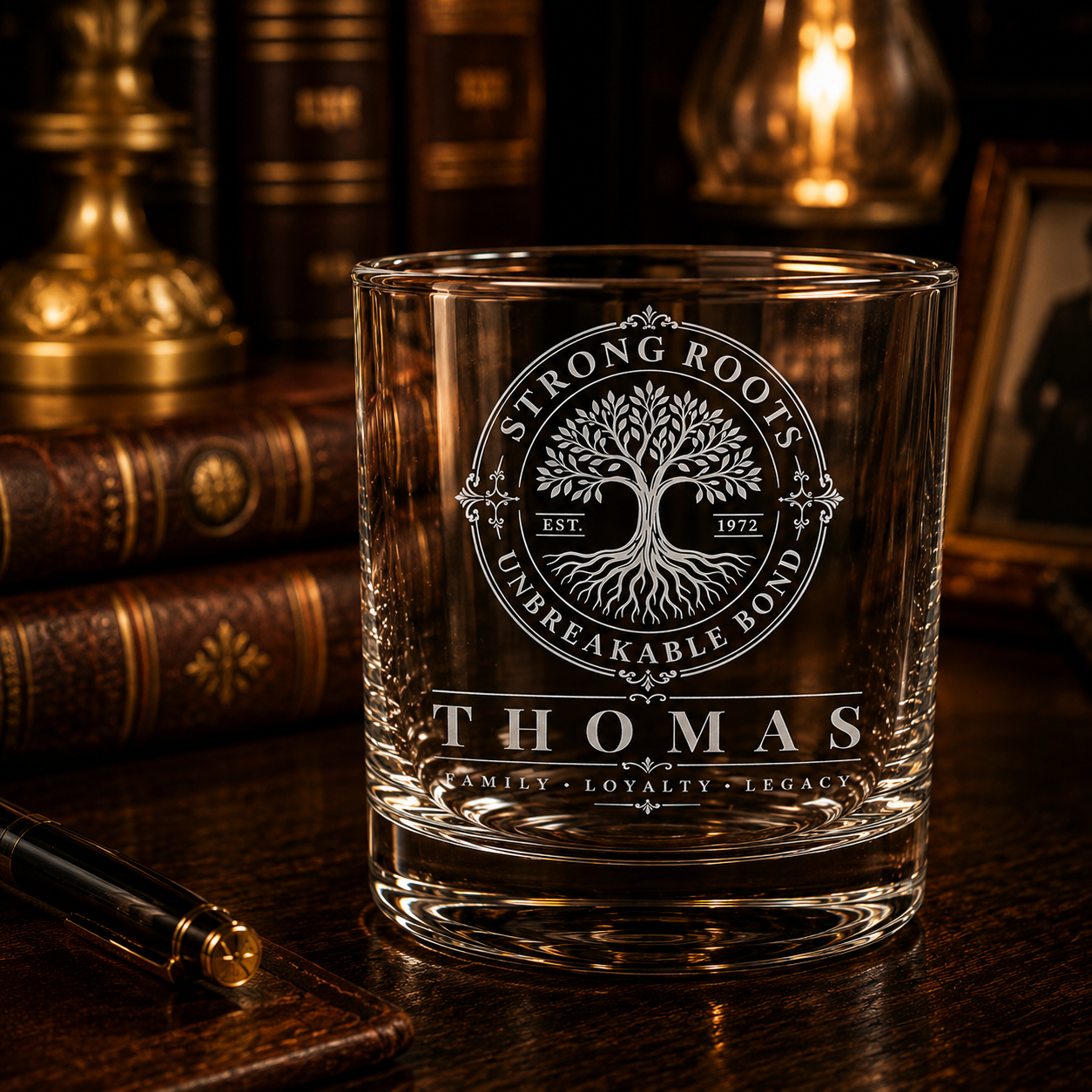 Luxury lifestyle image of personalised family tree engraved glass