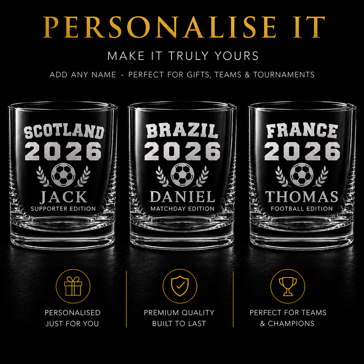 Personalised football supporter whisky glass with choose your country and name engraving examples