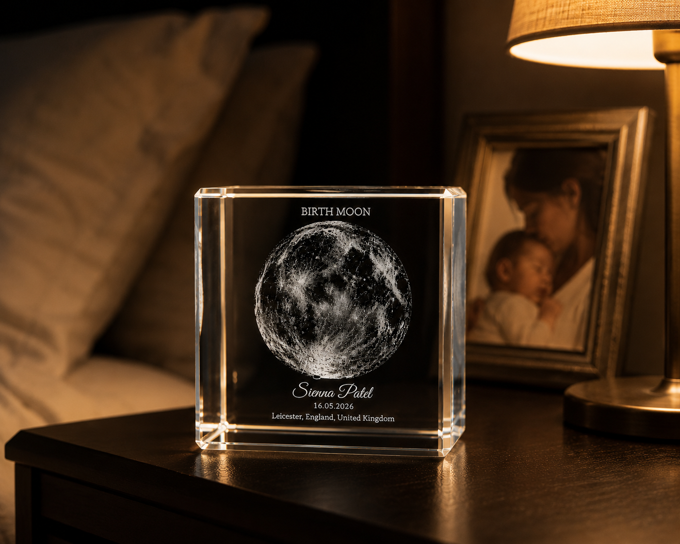 Personalised moon phase crystal cube on bedside table with warm lamp light