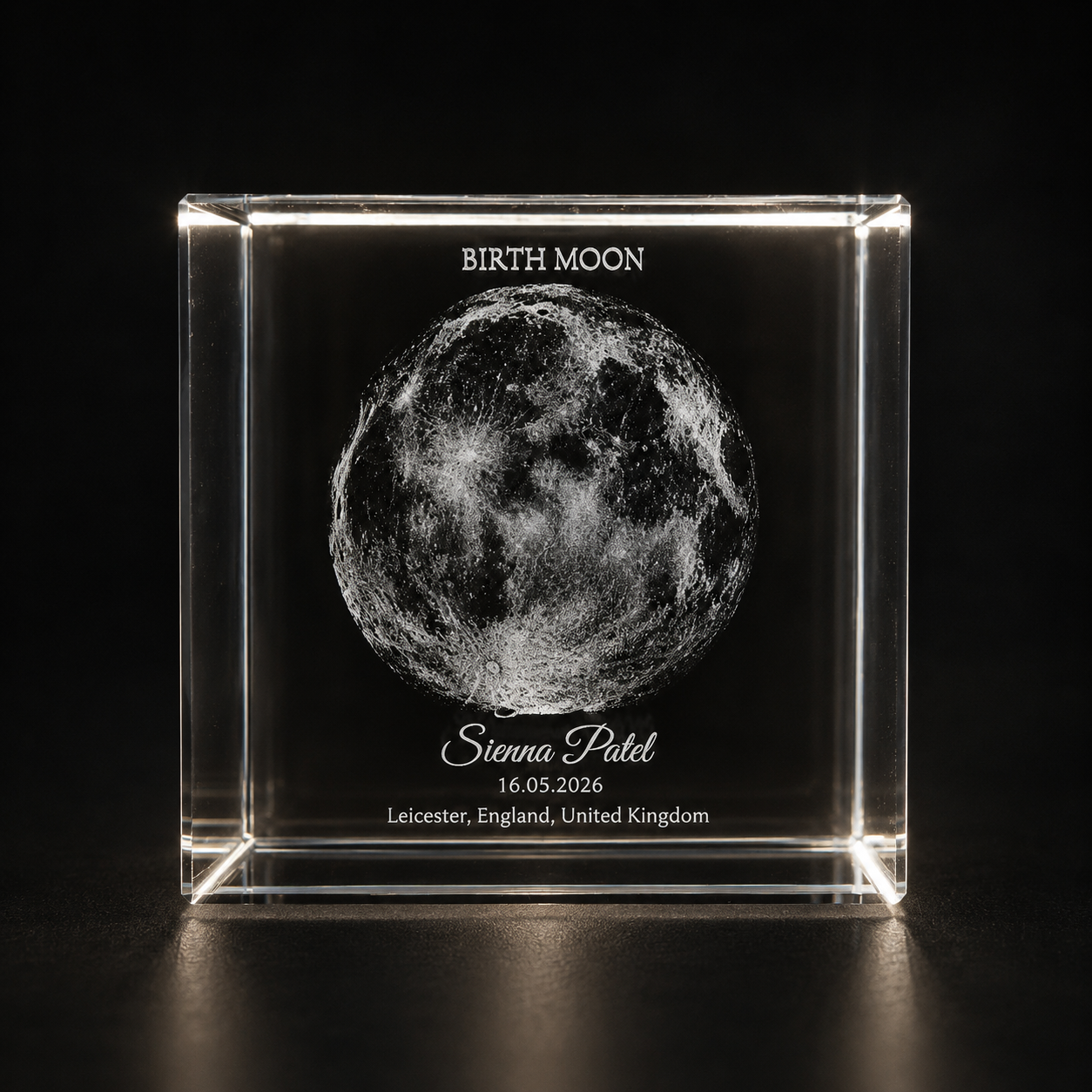 Personalised moon phase crystal cube front view with custom name date and place engraving