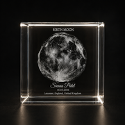 Personalised moon phase crystal cube front view with custom name date and place engraving