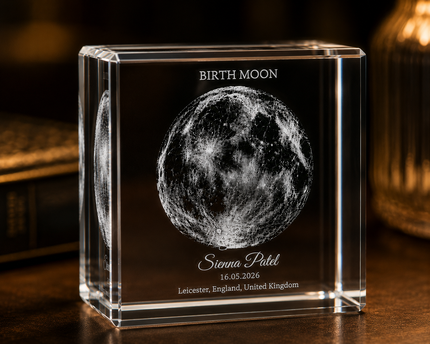 Personalised moon phase crystal cube in warm lifestyle setting