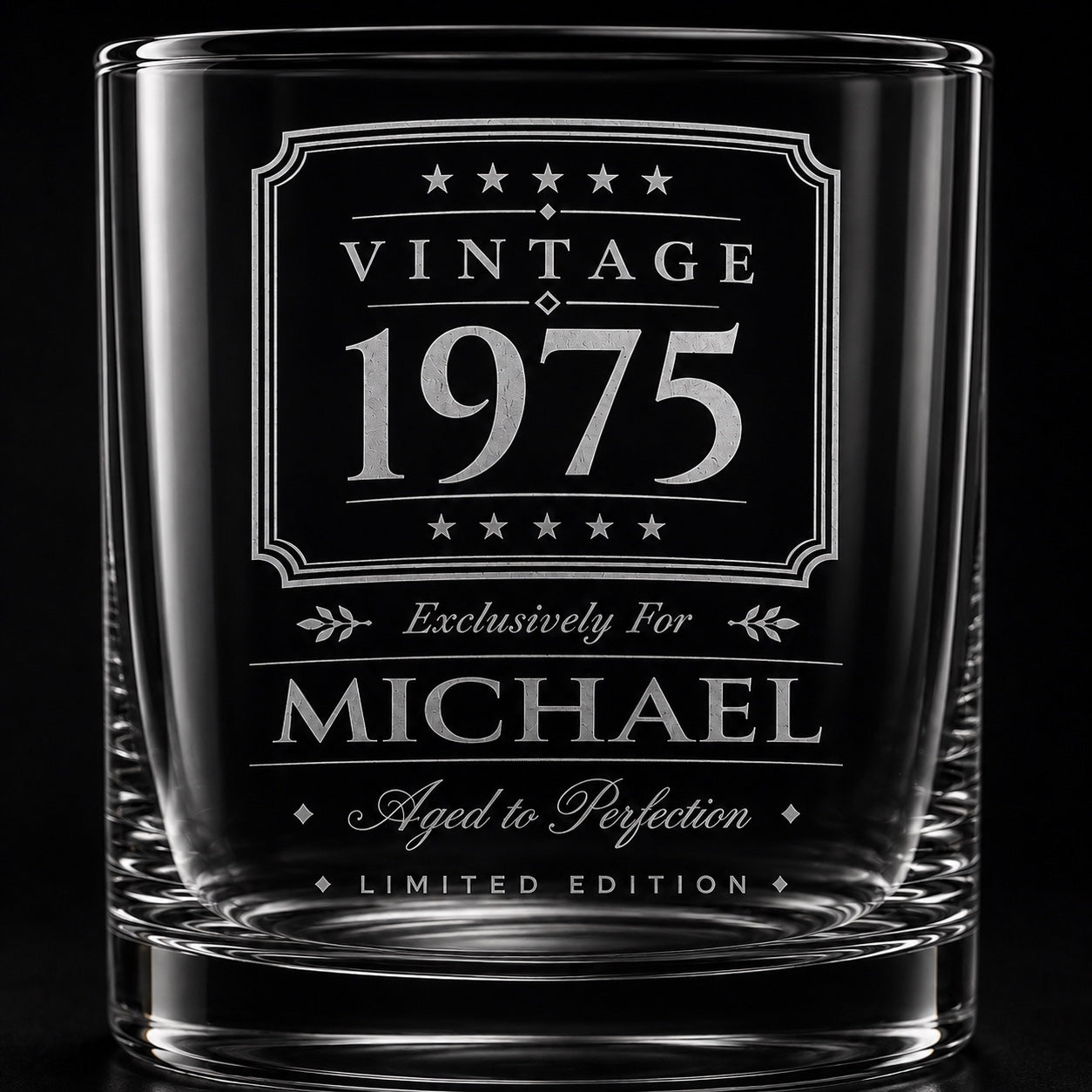Close up of vintage year whisky glass engraving with name and birth year