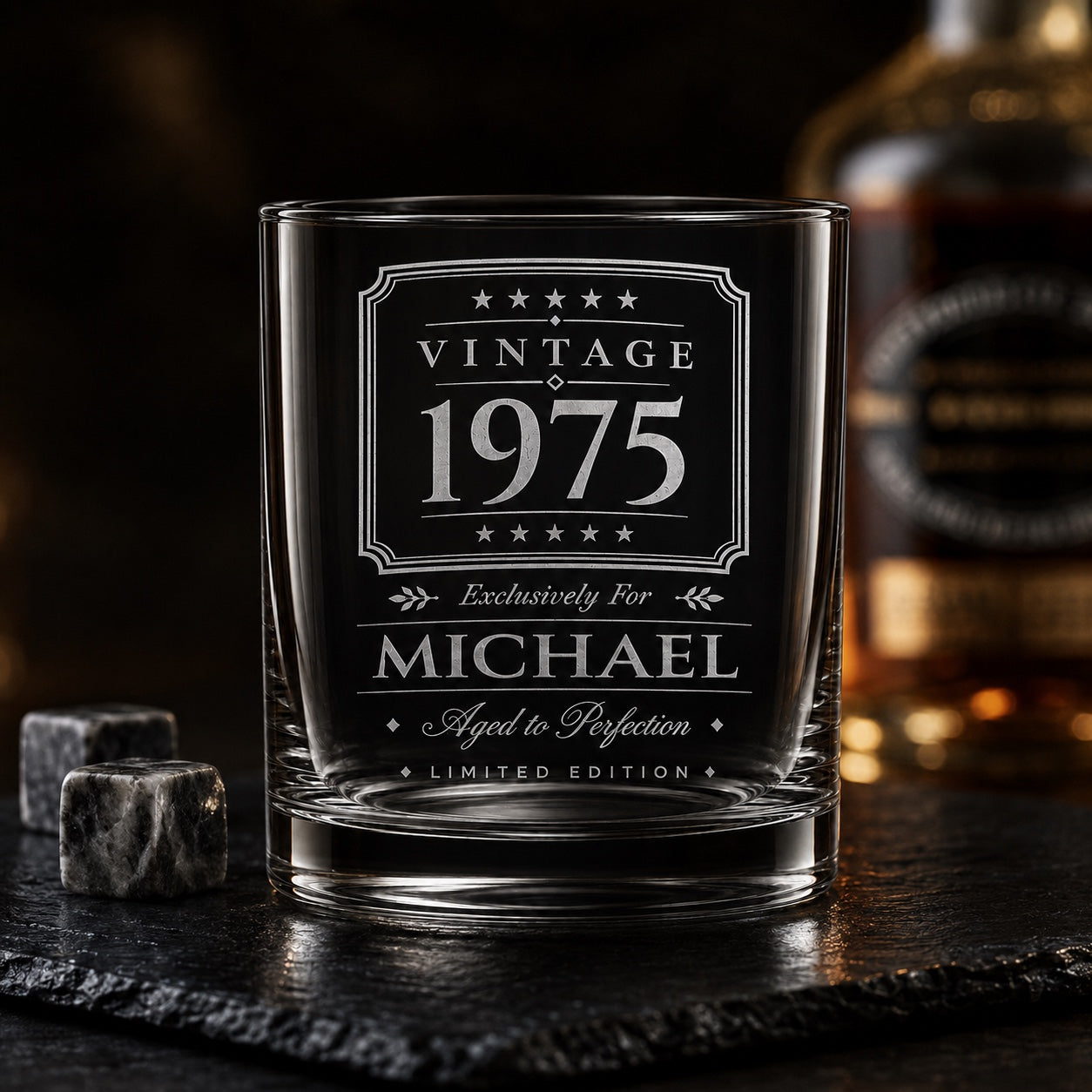 Personalised vintage whisky glass with custom name and birth year engraving