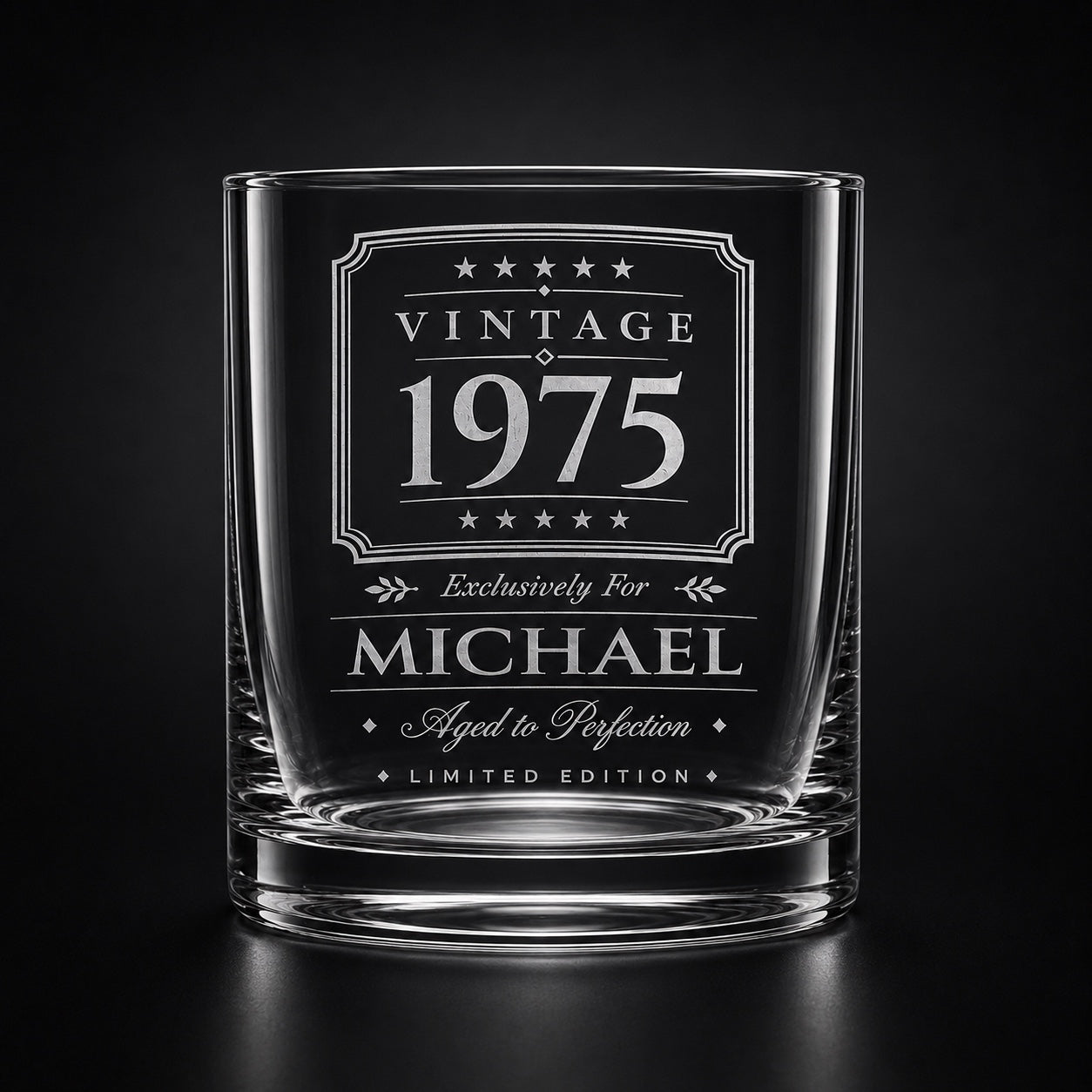 Studio product photo of personalised vintage whisky glass engraving