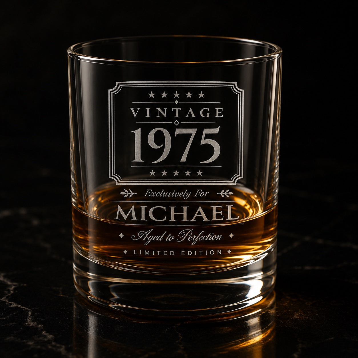 Personalised engraved whisky glass with whisky on dark luxury background