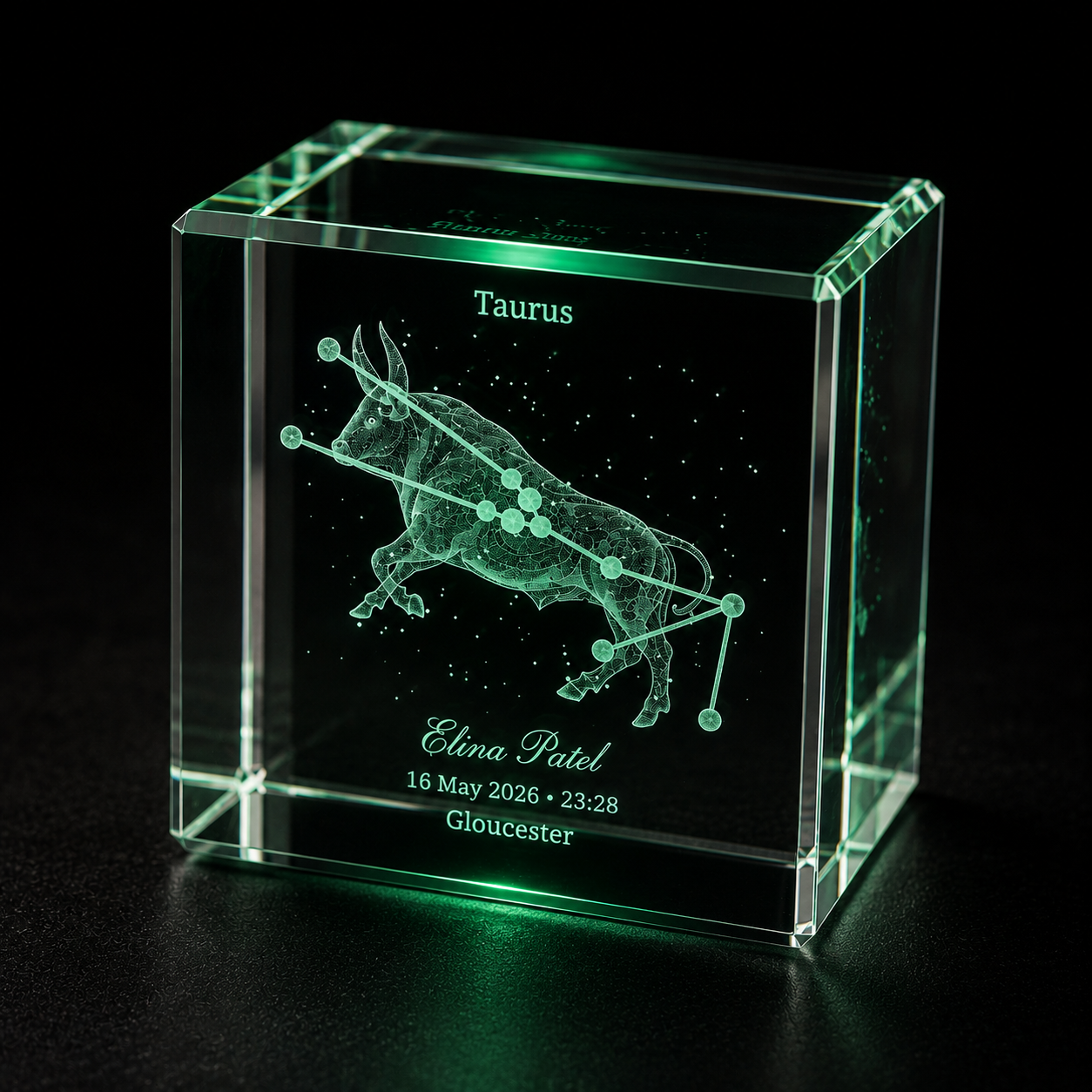 Personalised Taurus zodiac constellation crystal cube angled view showing crystal depth and engraving