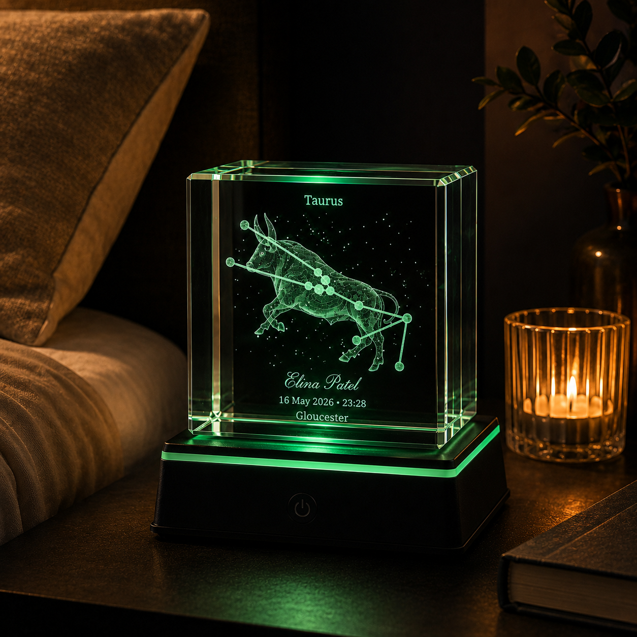Personalised Taurus zodiac constellation crystal cube on bedside table with LED base