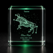 Personalised Taurus zodiac constellation crystal cube front hero image with Elina Patel name date time and place