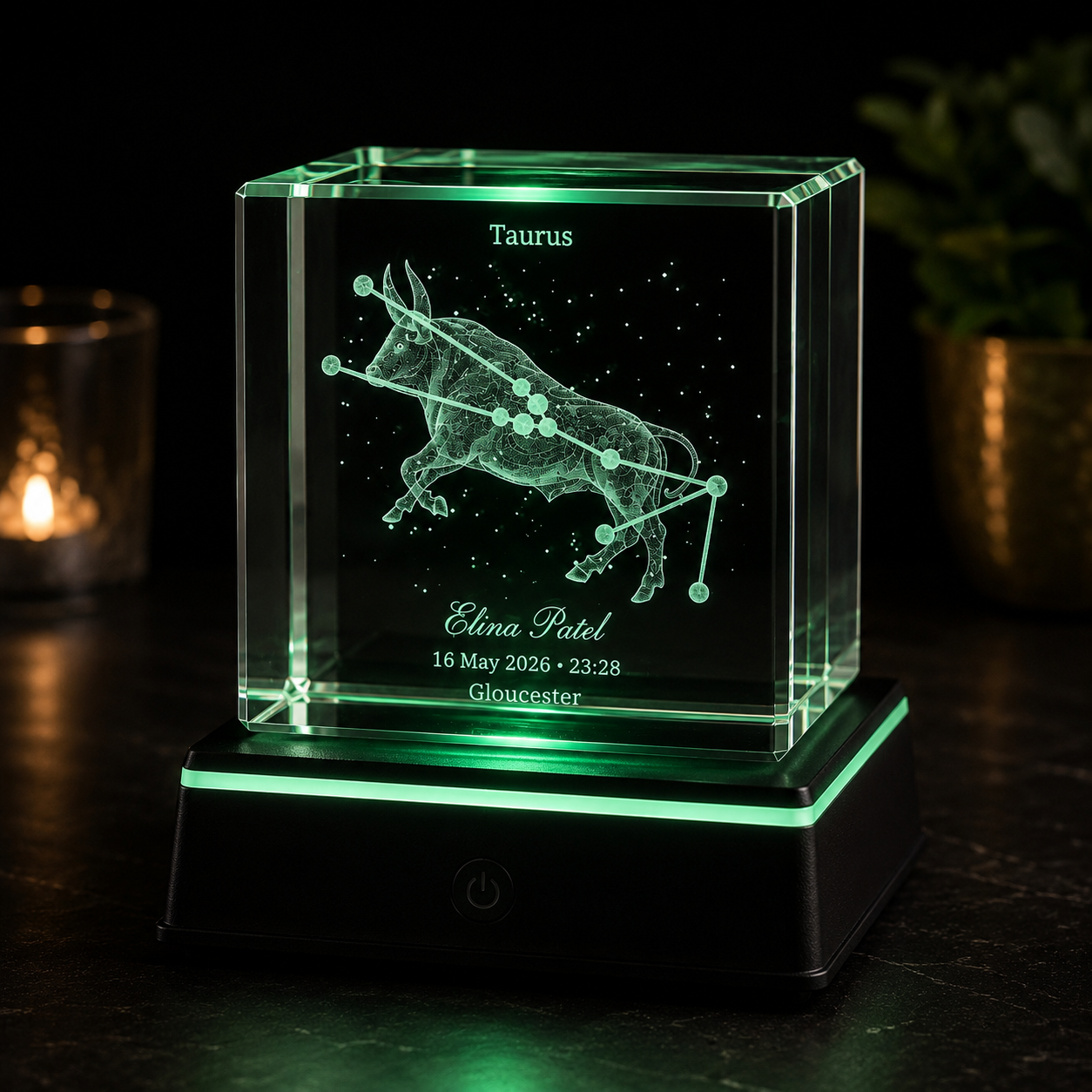 Personalised Taurus zodiac constellation crystal cube on LED light base
