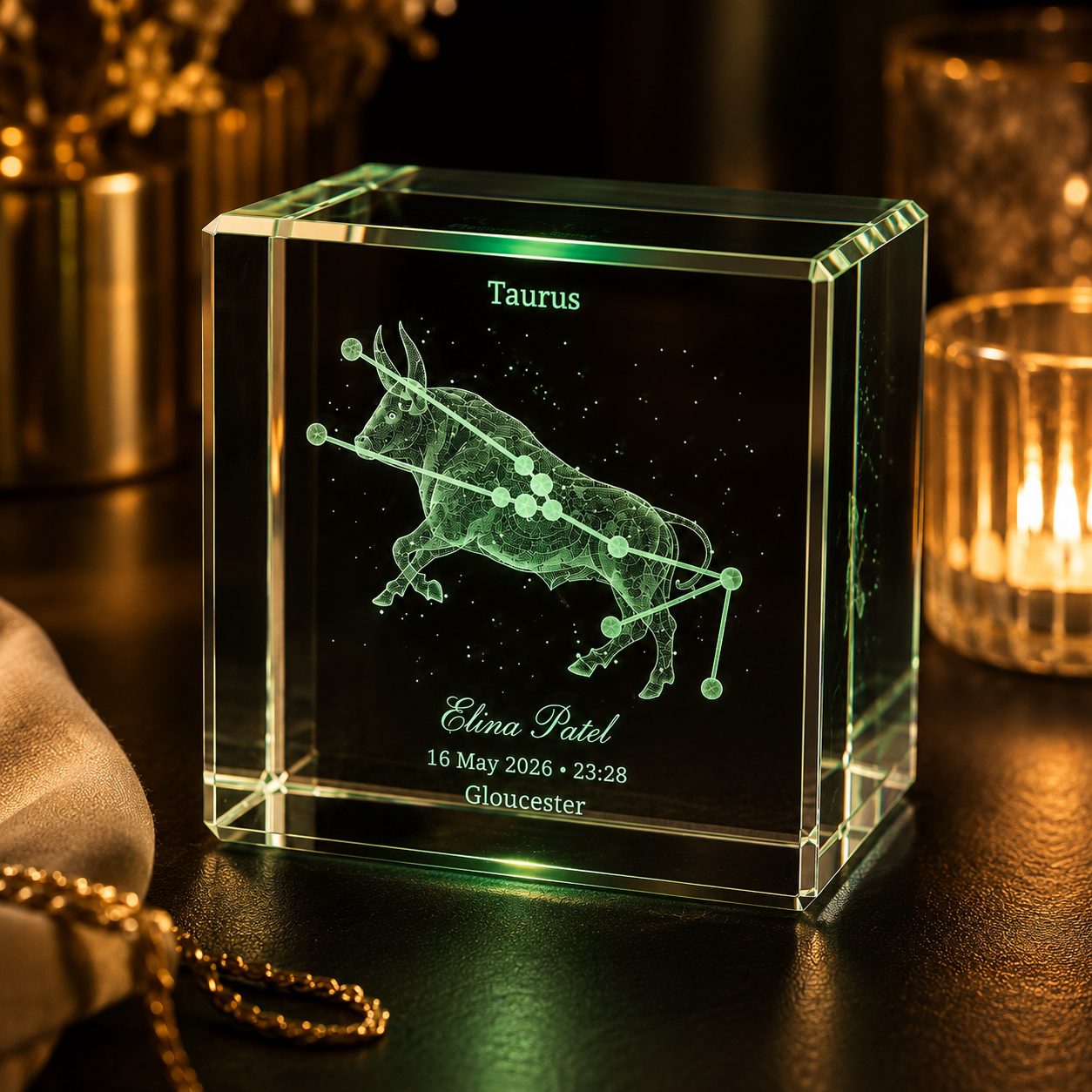 Personalised Taurus zodiac constellation crystal cube luxury close up with warm lighting