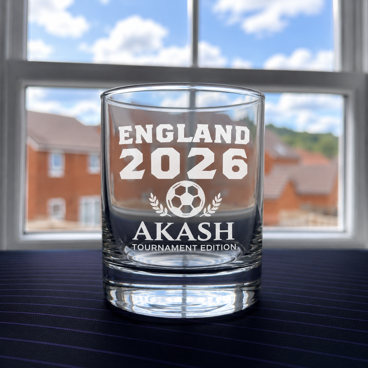 Bright product photo of personalised engraved whisky glass