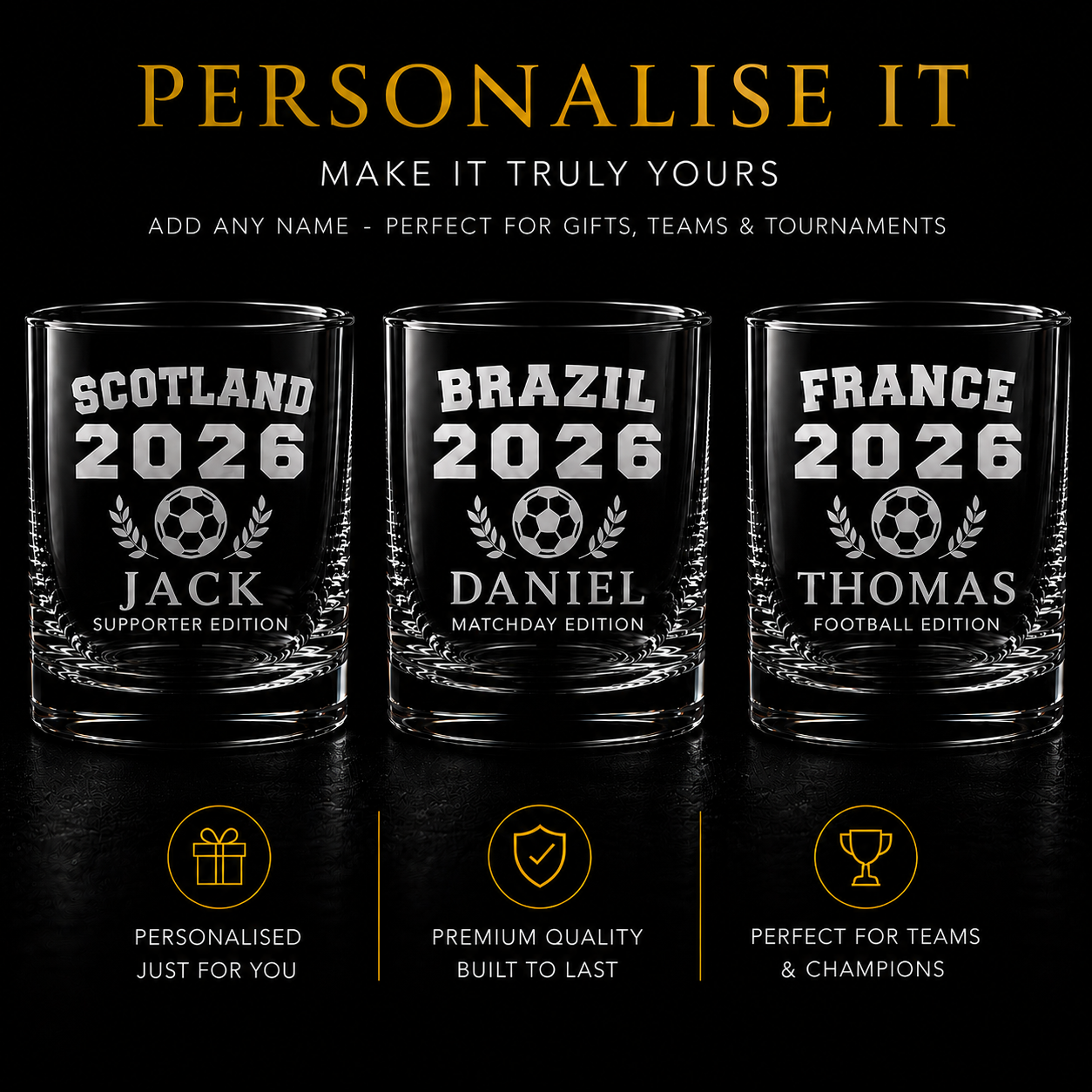 Three country examples personalised engraved whisky glasses